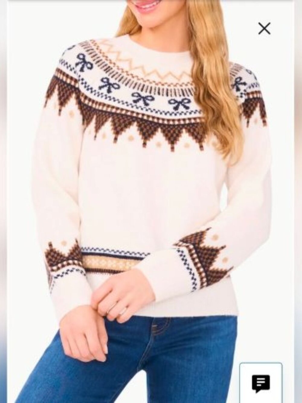 CeCe Bow Fair Isle Ribbon Detail Crewneck Sweater in Cream size XL NWT
